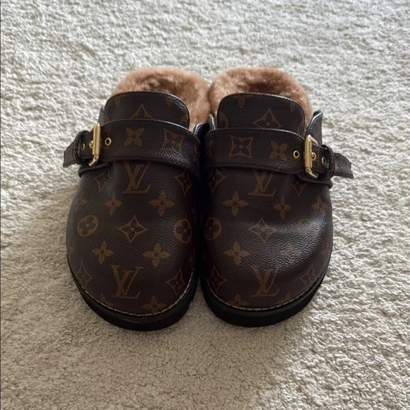 Louis Vuitton Shoes Louis Vuitton Brown Monogram Fur Clogs